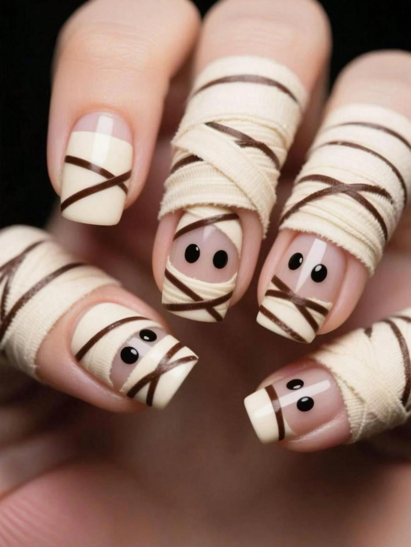 24 Falsche Nägel Halloween Design – Mit Mumie, Skelett, Kürbis – Selbstklebend, Für Partys & Kostüme
