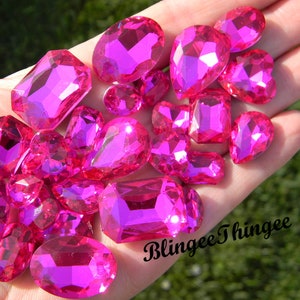 HOT PINK Fuschia Glass Point Back Gems Jewels Rhinestones Hearts Teardrop Rectangle Oval 10x14mm 13x18mm 18x25mm Choose Size and Shape