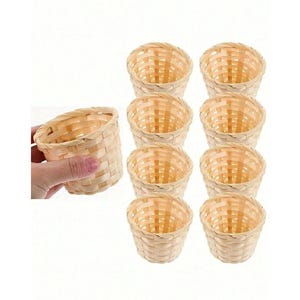 May include: A set of nine small, round, light-colored woven baskets made of thin wooden strips. Each basket features an open top and a cross-hatched pattern. The baskets are arranged in a grid of three columns and three rows, with one basket held.