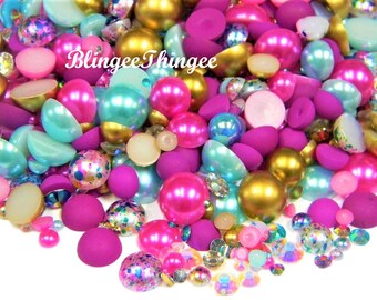 Mixed Sizes Colors Flatback Faux Half Round Pearls  Resin Rhinestones 3/4/5/6/8/10mm Embellishment Mixes 30 Grams #94