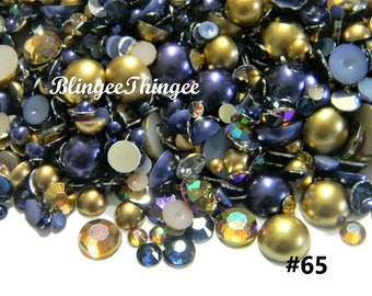 NEW Mixed Sizes Navy Blue Matte Gold Flatback Half Round Faux Pearls Resin Rhinestones Embellishments 30 grams  #65