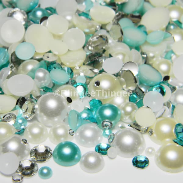 30 GRAMS Mixed Sizes Turquoise Ivory White Flatback Half Round Faux Pearls Light Aqua Marine Clear Rhinestones MIXES #15