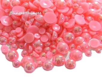 PEACHY PINK Ab Mixed Sizes Flatback Half Round Faux Pearls DIY Deco Kit Embellishments 300 Pieces 3-10mm