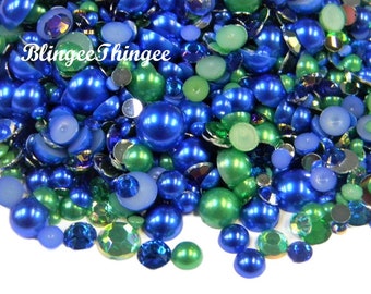 30 GRAMS Mixed Colors and Sizes  Assorted Flatback Resin Rhinestones Dark Blue and Green Mixes #79