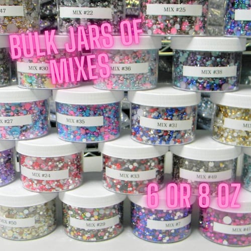 BULK JARS Mixes #71-130 Rhinestones and Pearls Mixed Flatback Faux Half Round Pearls Resin Flatback Rhinestones Mixed Sizes 6 or 8 oz