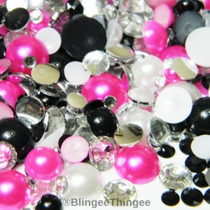 30 GRAMS White Black Hot Pink Half Round Faux Flatback Pearls Mixed Sizes Clear Black Resin Rhinestones MIXES #16