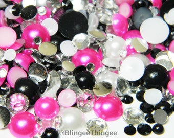 30 GRAMS White Black Hot Pink Half Round Faux Flatback Pearls Mixed Sizes Clear Black Resin Rhinestones MIXES #16
