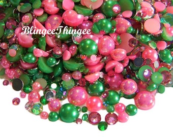 30 GRAMS Pink and Green Flatback Pearls and  Assorted Flatback Resin Rhinestones Mixes #70