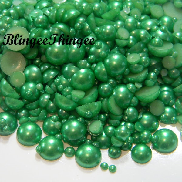 GREEN Flatback Half Round Imitation Pearls Choose Size 3mm 4mm 5mm 6mm 8mm 10mm  Mixed Sizes Scrapbooking Decoden Embellishments 300 pc