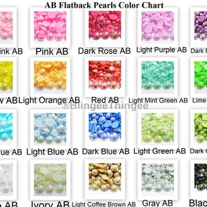 May include: A colour chart displaying AB flatback pearls in a range of hues. The chart includes light pink, pink, dark rose, light purple, dark purple, yellow, light orange, red, light mint green, and lime green. Other colours are aqua blue, light blue, dark blue, light green, dark green, white, ivory, light coffee brown, grey, and black.