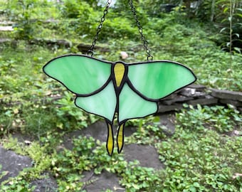 Luna Moth Stained Glass Green Yellow Iridescent Glass Wall Hanging Window Suncatcher