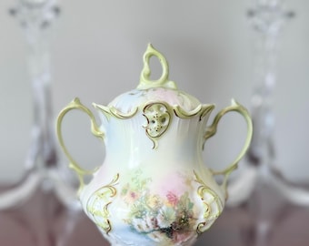 Vintage B.P.C. Molière Germany Porcelain Sugar Bowl, Floral Gold Gilt Lid