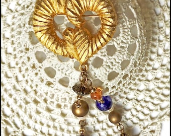 Stylish Long Etched Brass Brooch, with Red, Blue, Brass Dangle Beads, Perfect Accessory for Lapel, Shawl, or Hat, Repurposed Handcrafted Pin