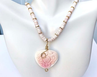 Wire Wrapped Heart Conch Shell Necklace, Pink shell & Brass Beads