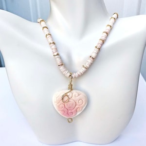 Statement Necklace, Pink Carved Conch Shell Pendant and Beads, Heart Shape Pendant, Wire Wrapped Pink Focal Bead with Bright Brass Beads