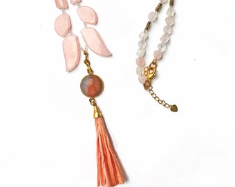 Statement Necklace, Angel Wing Natural Pink Agate Pendant, Pink Silk Tassel, Matching Bead Strand, Vintage Brass Beads, Untreated Gem Beads