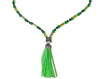 Chartreuse Tassel Beaded Long Necklace, Bead Tassel Pendant with Crystal Bead Cap, Vintage Green Tube and Round Beads, Bright Color Jewelry