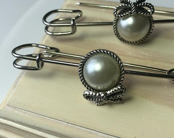 Stainless Steel Scarf Brooch, Jacket Lapel White Faux Pearl Pin, Shawl Pearl Cab Pin, Elegant Bow Design, Safety Pin Design, Allergy Free