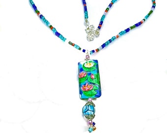 Lampwork Glass Lily Pond Pendant Necklace, Bead Charm, Crystal Accents