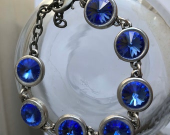 Sapphire Blue Crystal Bracelet, Silver Tone Setting, September Birthstone and fits a Medium size Wrist, Gift Idea, Vintage Swarovski Crystal