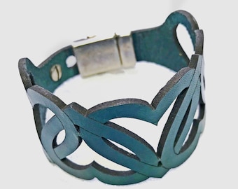 Statement Dark Teal Natural Leather Unisex Bracelet, Multiple Heart Shape Laser Cut Pattern, Easy Wear Silver Tone Magnetic Clasp, Gift