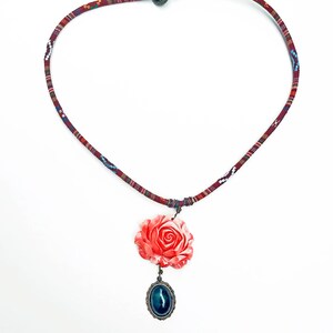 Ethnic Greek Textile Necklace: Red Rose Pendant, Olive Green Gem image 1