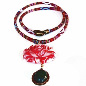 Ethnic Greek Textile Necklace: Red Rose Pendant, Olive Green Gem image 4