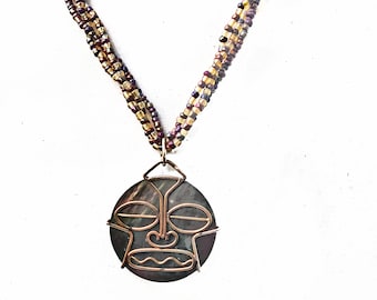 Boho Tribal Necklace, Mother of Pearl Face Pendant, Seed Bead Strands