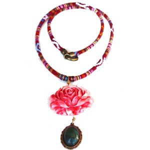 Ethnic Greek Textile Necklace: Red Rose Pendant, Olive Green Gem image 3
