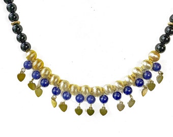 Statement Festive Necklace, Choker with gold, black and navy-blue beads with dangles, Boho Style Jewelry with a touch of the exotic East