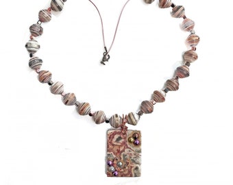 Handmade Paper Beads Necklace in Colors of Brown, Matching Color Jasper Pendant with Astral Objects Simulation, Corded Long Necklace