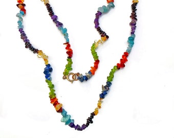 Natural Multicolor Semi Precious Gem Chips Necklace, Single or Double Strand Variation Rainbow Beads Chain, Long or Short Colorful Chain