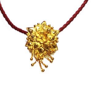 Vintage Gold Plated Turkish Flower pendant, Adjustable Length Red Woven leather Cord, Boho, Ethnic Style Jewelry, Festive look gift image 2