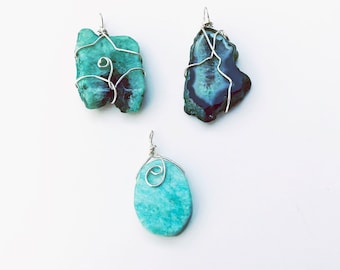 DIY Russian Amazonite Slab Pendants, Wire Wrapped, Ready for Chains, Three Shapes, Natural Gems as Created  by Nature, Shaped by a Lapidary