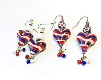 Red White Blue Lampwork Heart Earrings choice, Patriotic USA Jewelry