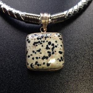 Statement black and white spotted Agate Sterling Pendant, Natural Woven Silver Cord, Dalmatian Agate Necklace, Classic Style and Color Combo image 5