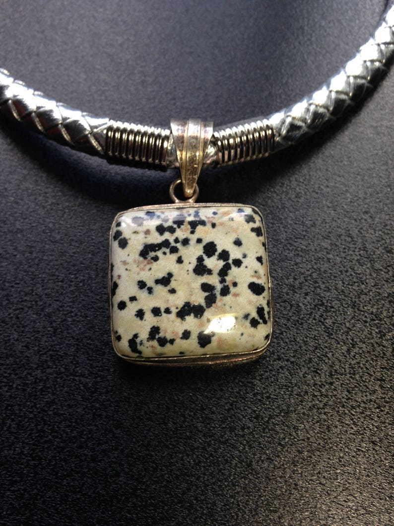 Statement black and white spotted Agate Sterling Pendant, Natural Woven Silver Cord, Dalmatian Agate Necklace, Classic Style and Color Combo image 5