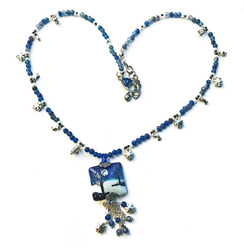 Boho Necklace, Blue Aventurine beads paired with matching handmade pressed scenic glass pendant with a full moon, trees and snow fall vista. image 1
