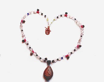 Pink Quartz Necklace with Copper and crystal beads, Pastel Color Beads with Copper and Red bead Accents, Intricate Pattern Copper Pendant