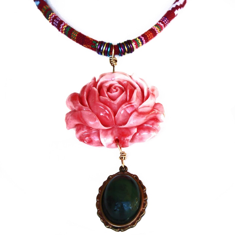 Ethnic Greek Textile Necklace: Red Rose Pendant, Olive Green Gem image 7