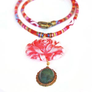 Ethnic Greek Textile Necklace: Red Rose Pendant, Olive Green Gem image 8