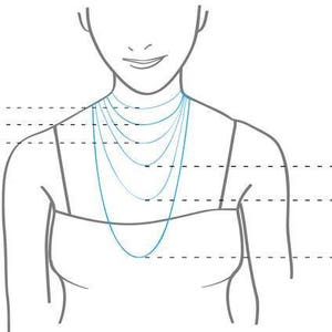 May include: Illustration of a person with necklace length guide. The image shows a person's upper body with several blue necklace lengths ranging from 12 inches to 30 inches, demonstrating how they would hang.