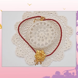 Vintage Gold Plated Turkish Flower pendant, Adjustable Length Red Woven leather Cord, Boho, Ethnic Style Jewelry, Festive look gift image 8