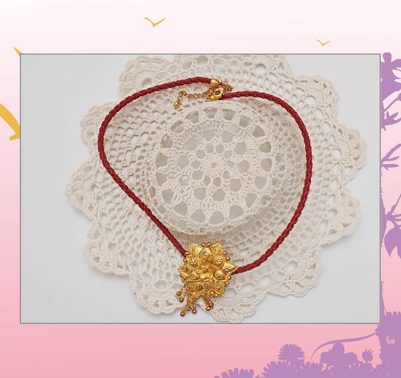 Vintage Gold Plated Turkish Flower pendant, Adjustable Length Red Woven leather Cord, Boho, Ethnic Style Jewelry, Festive look gift image 8