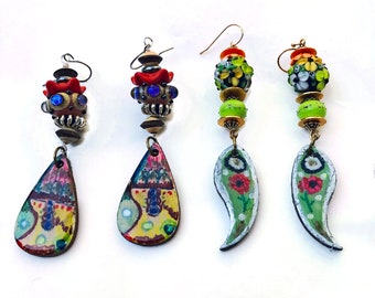 Long Dangle Earrings, Lamp Works Bead, Hand Painted Wooden Drops, Crescent or Tear Shape Choice, Hand Crafted Gift, Red or Green Bead, Boho