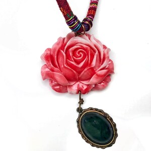 Ethnic Greek Textile Necklace: Red Rose Pendant, Olive Green Gem image 2