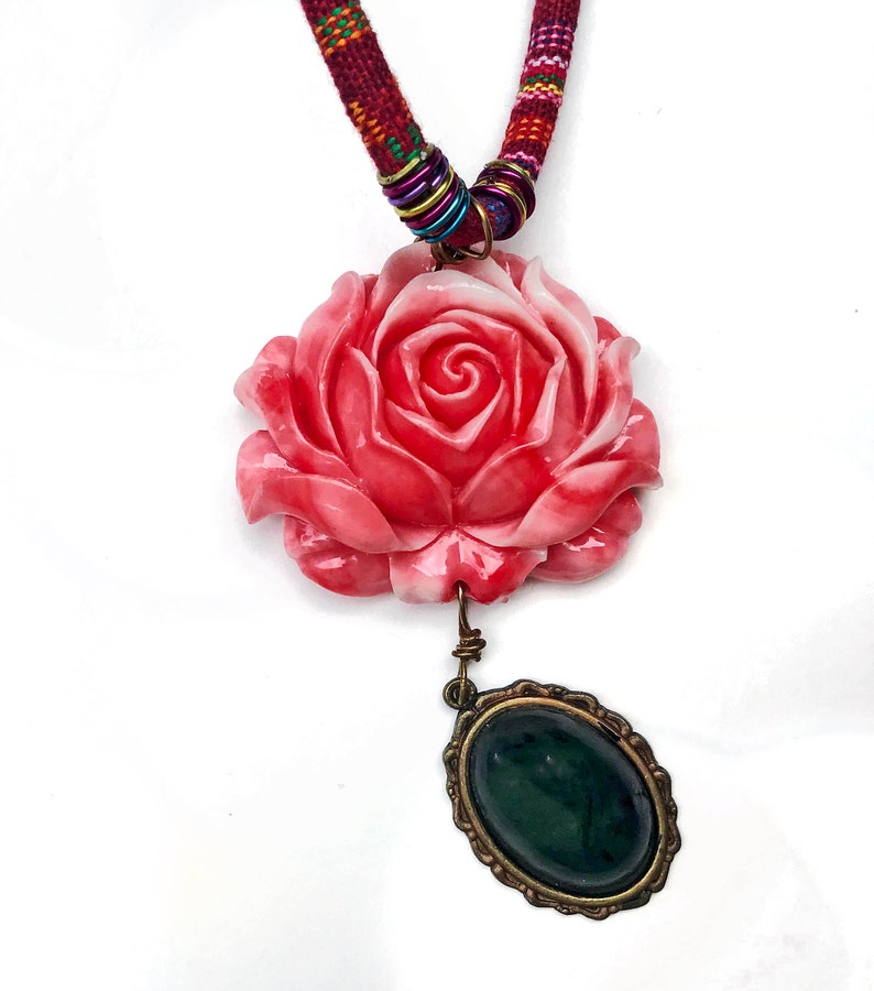 Ethnic Greek Textile Necklace: Red Rose Pendant, Olive Green Gem image 2
