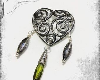 Valentines Day gift, Elegant Heart shape Steel Scarf, Jacket Lapel Pin, Vintage Crystalline Green & Purple long bead dangles, Up cycled Gift