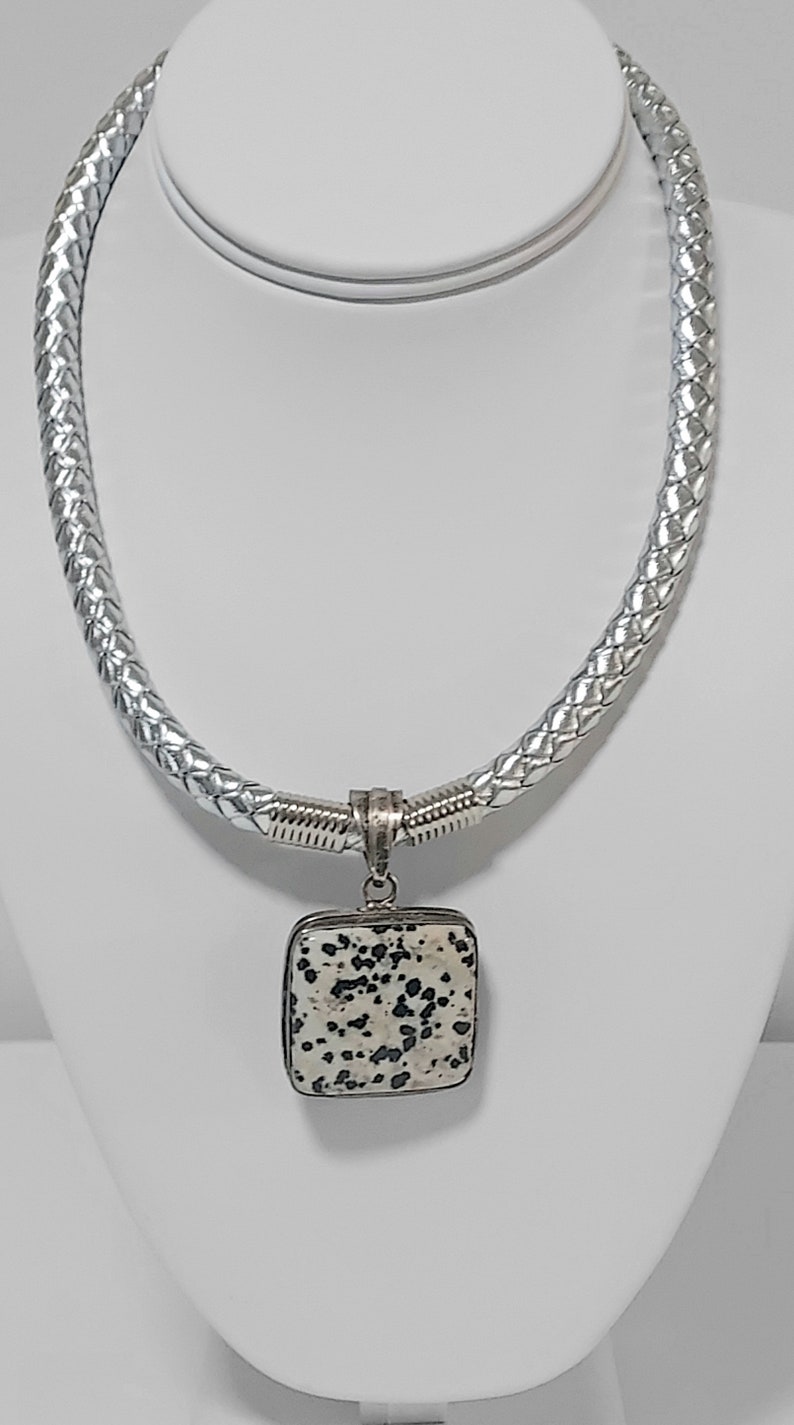 Statement black and white spotted Agate Sterling Pendant, Natural Woven Silver Cord, Dalmatian Agate Necklace, Classic Style and Color Combo image 10