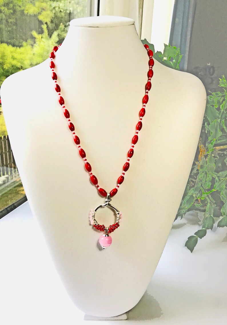Red Gem and Pink Glass Beads Necklace, Wire Wrapped Beaded Round Silver